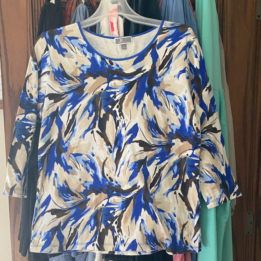 JM Collection Blue and Brown Abstract Blouse